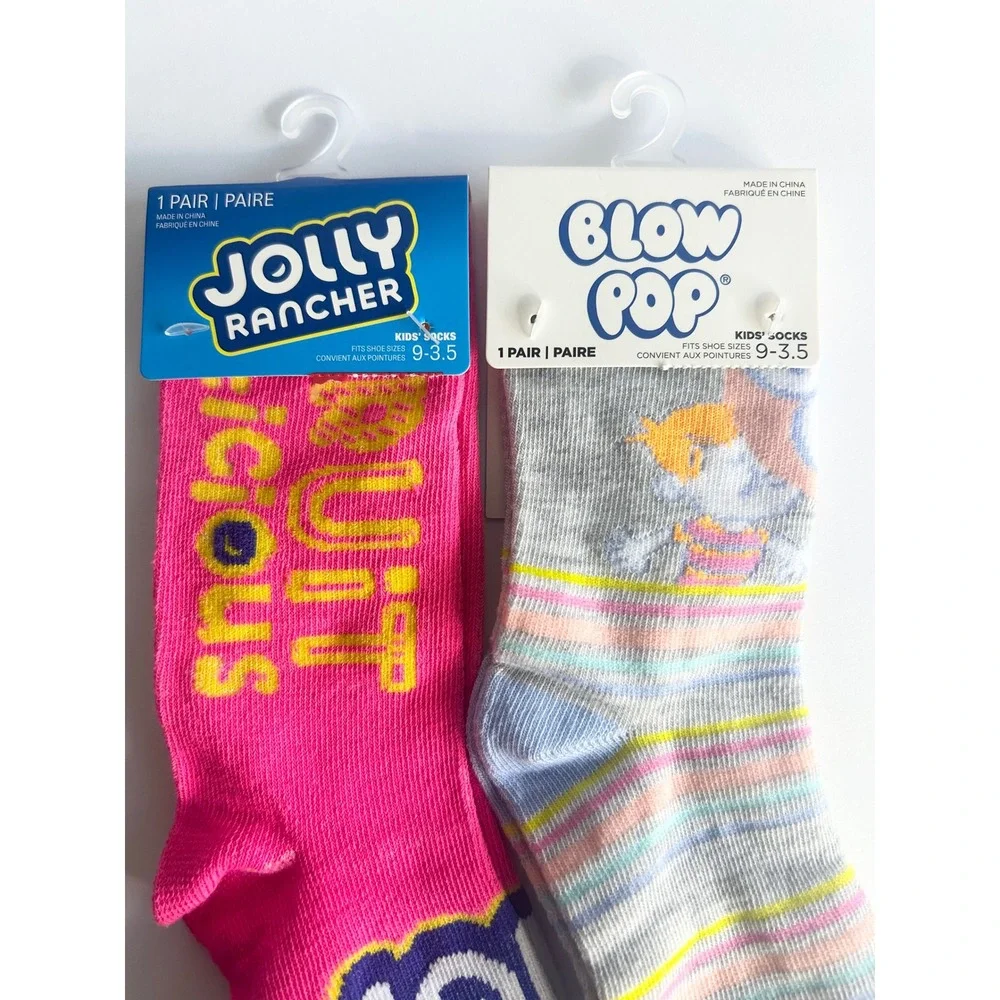 Kids Jolly Rancher & Blow Pop Candy Crew Socks 2 Pair Lot Pink Grey Size 9-3.5